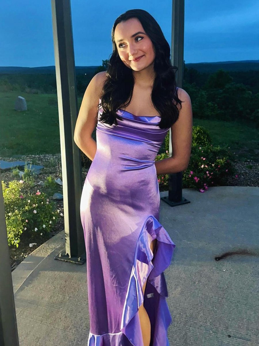 Mermaid Straps Cowl Neck Satin Long Prom Dresses