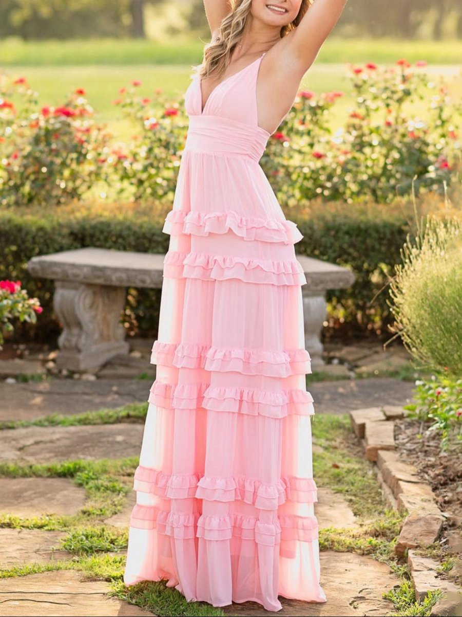 A-line Chiffon Tie Ruffles Long Prom Dresses
