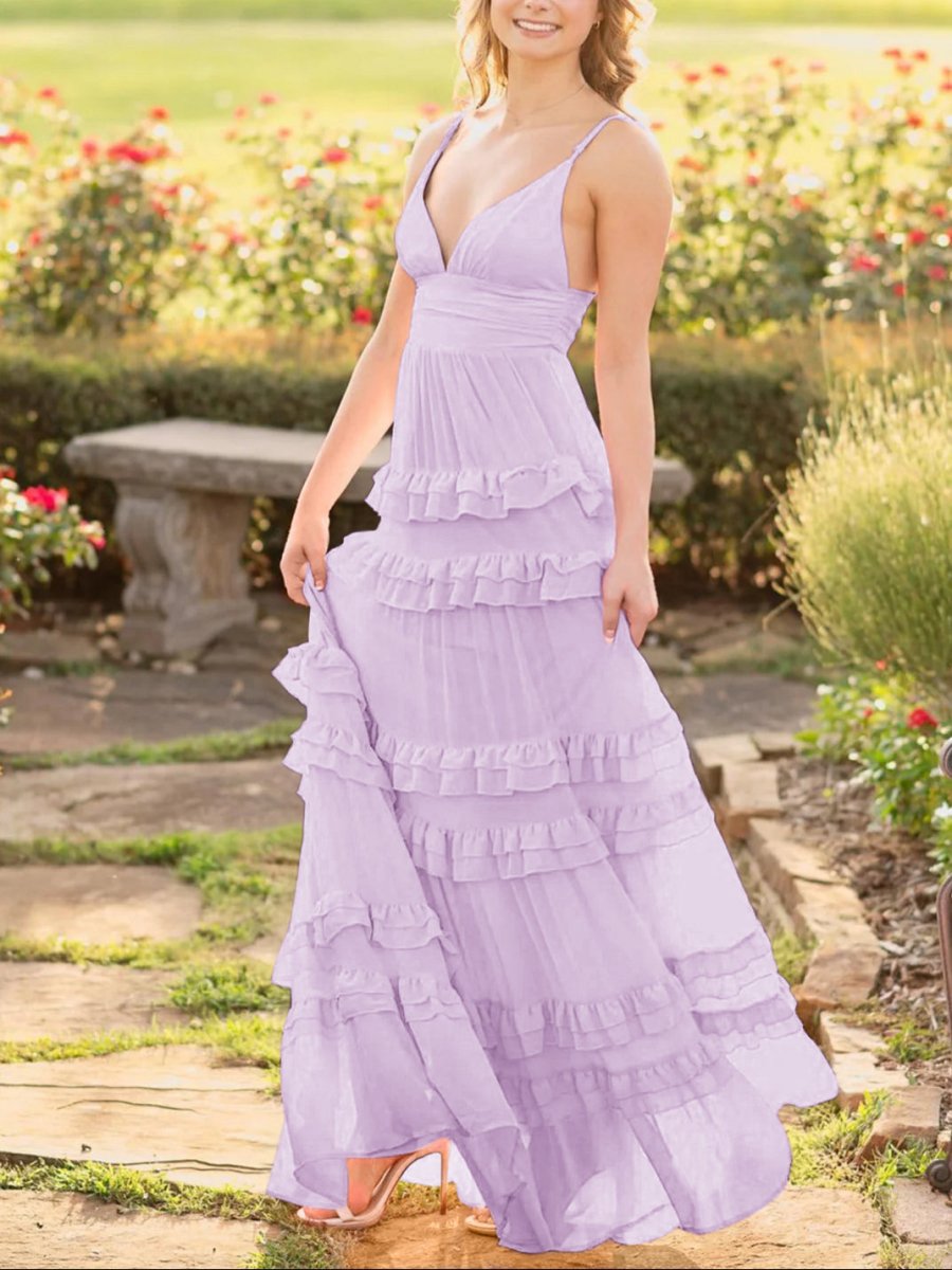A-line Chiffon Tie Ruffles Long Prom Dresses