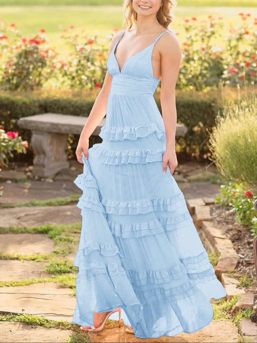 A-line Chiffon Tie Ruffles Long Prom Dresses