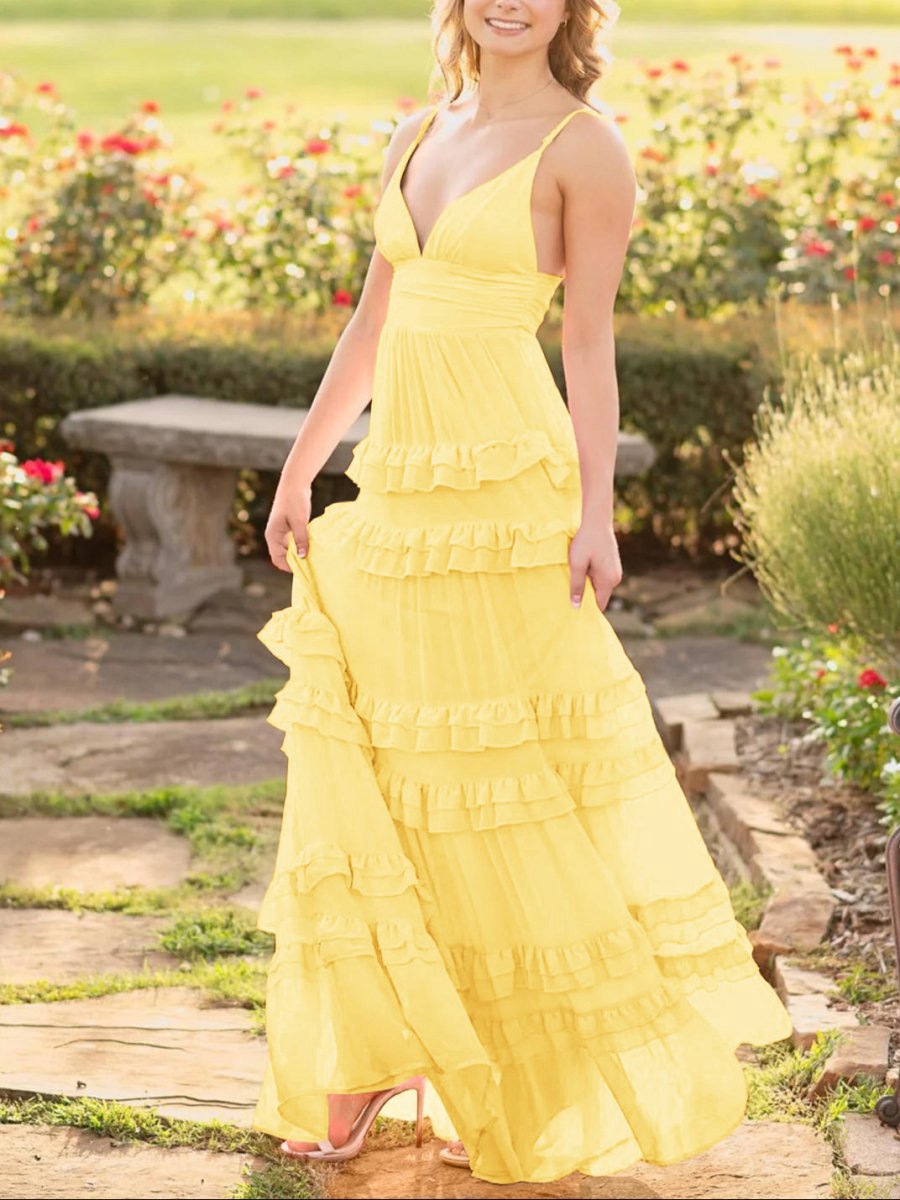 A-line Chiffon Tie Ruffles Long Prom Dresses