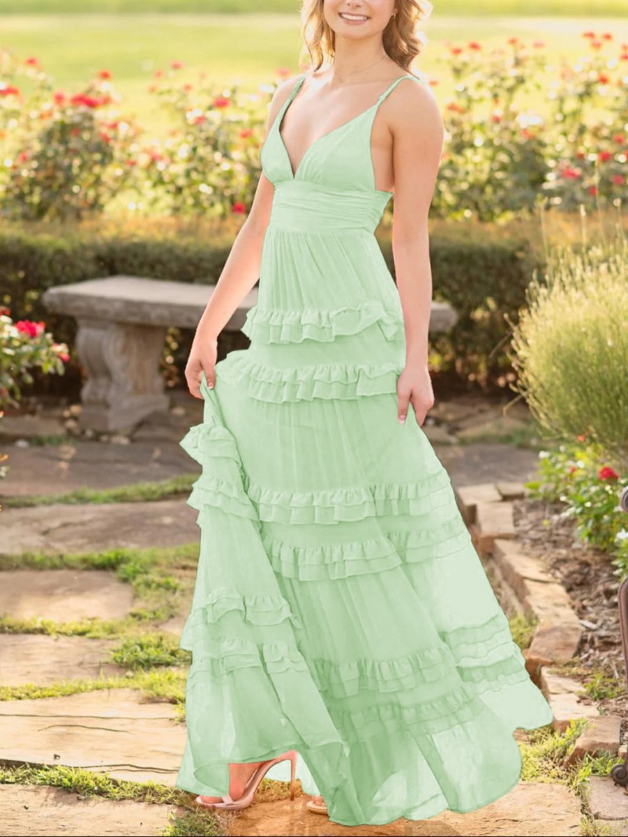A-line Chiffon Tie Ruffles Long Prom Dresses