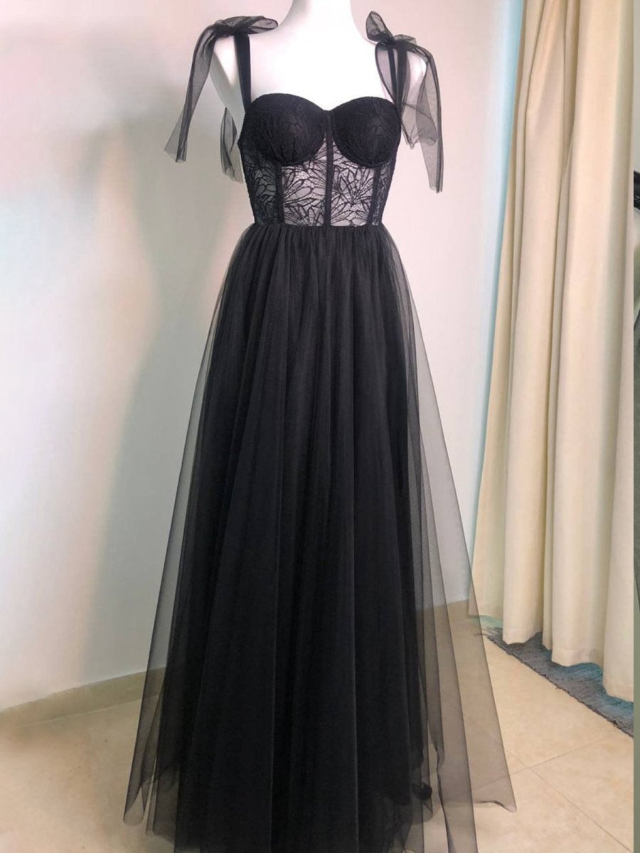 A-line Lace Corset Tulle Long Prom Dresses