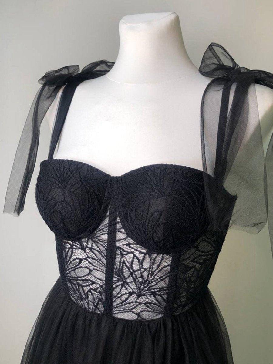 A-line Lace Corset Tulle Long Prom Dresses