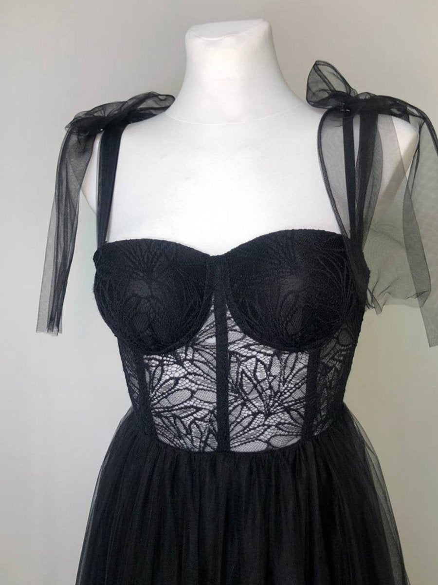 A-line Lace Corset Tulle Long Prom Dresses