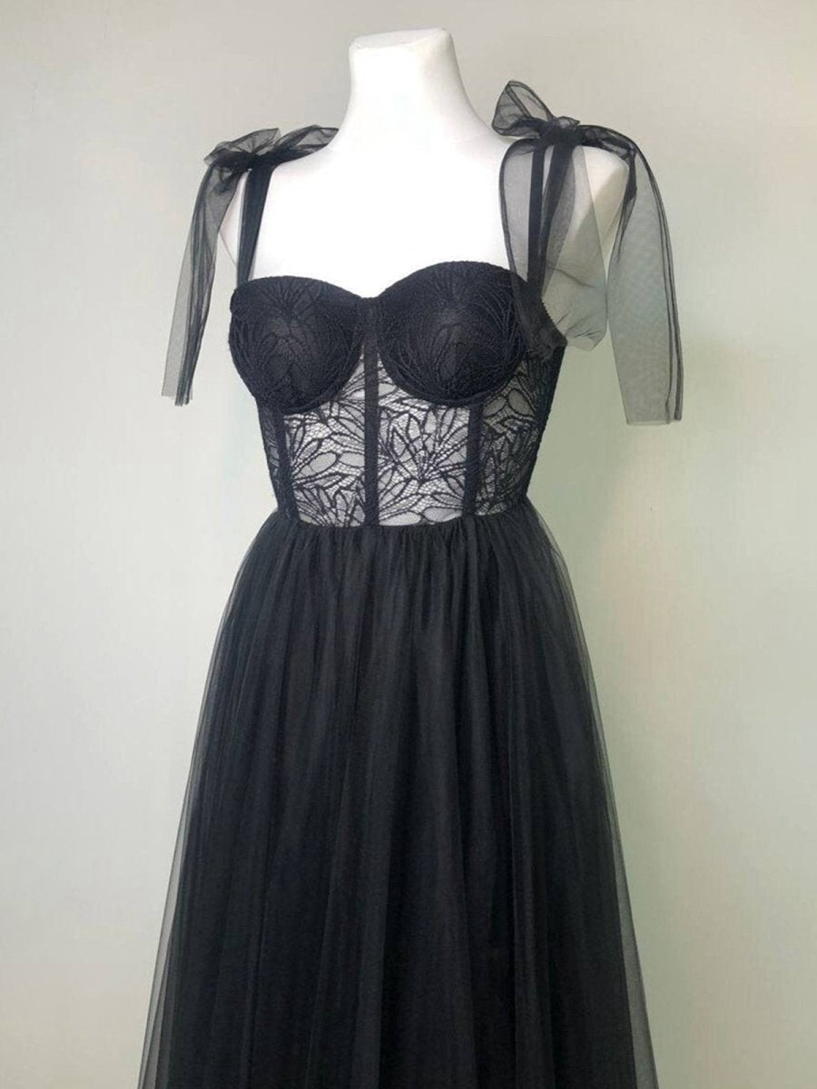 A-line Lace Corset Tulle Long Prom Dresses