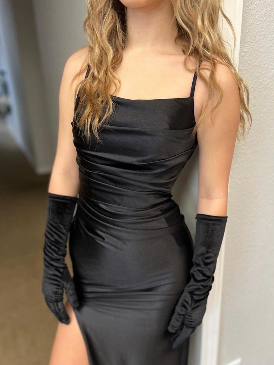 Spaghetti Straps High Slit Mermaid Satin Pleated Prom Dresses