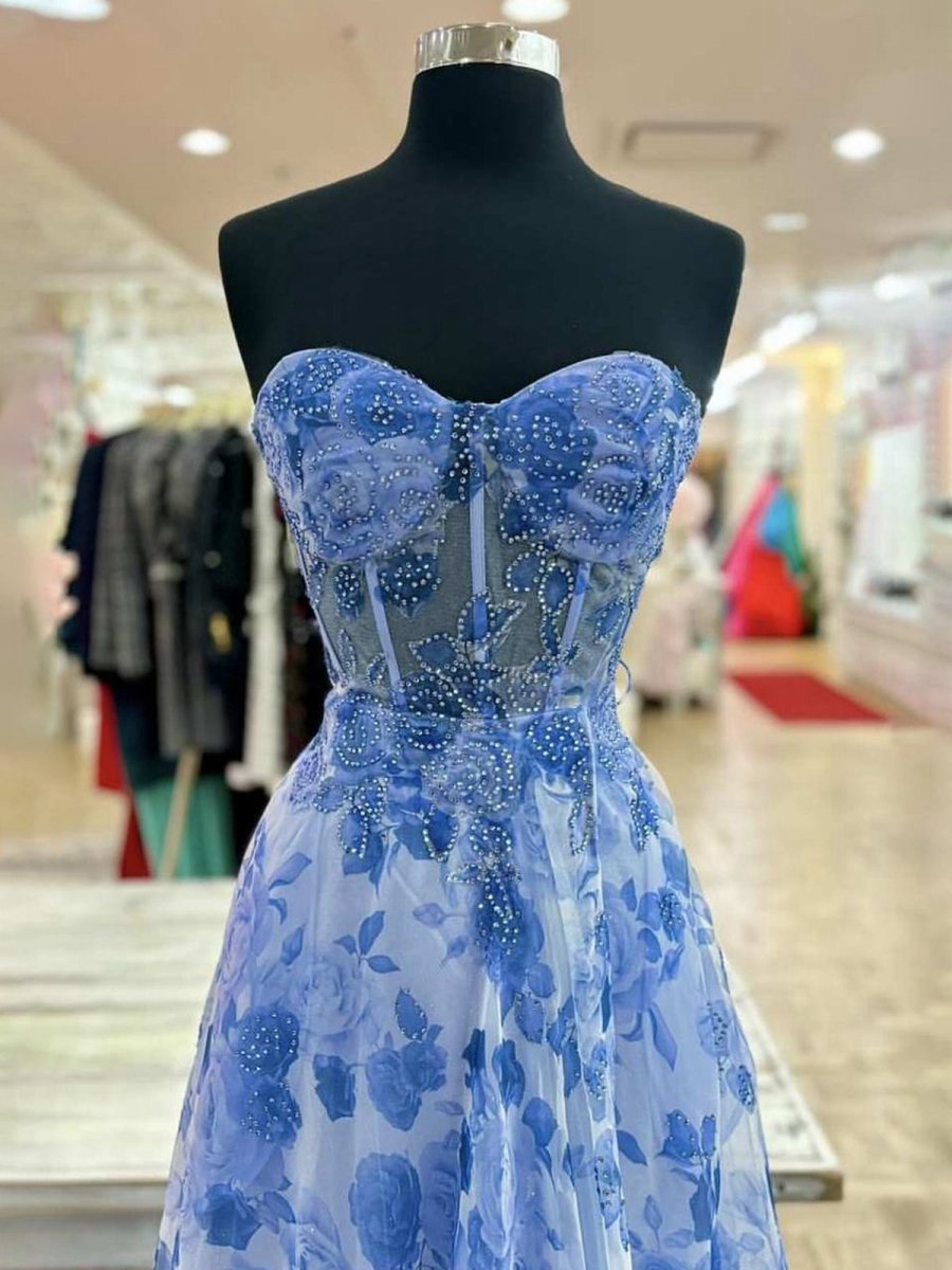 Strapless Printing Sweetheart Beads A-line Prom Dresses