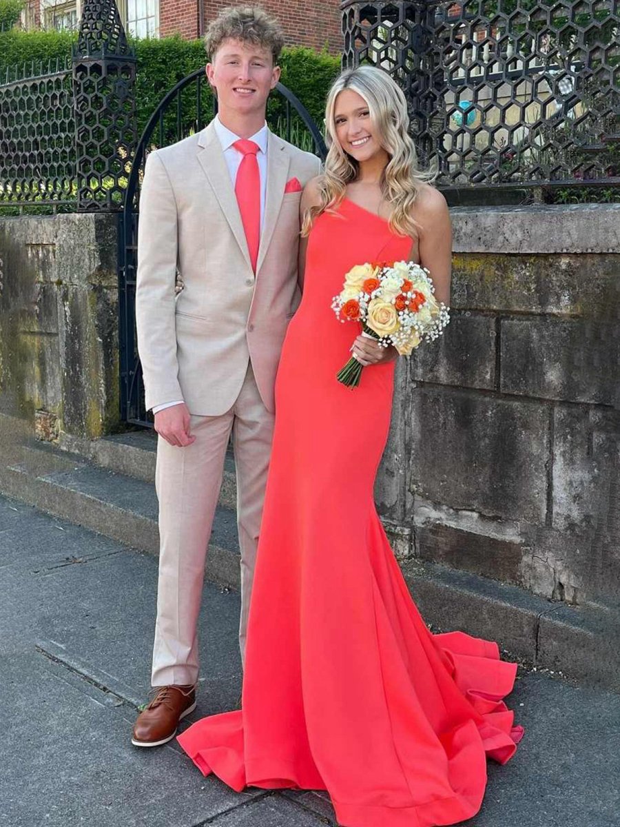 One Shoulder Mermaid Sleeveless Satin Prom Dresses with Train