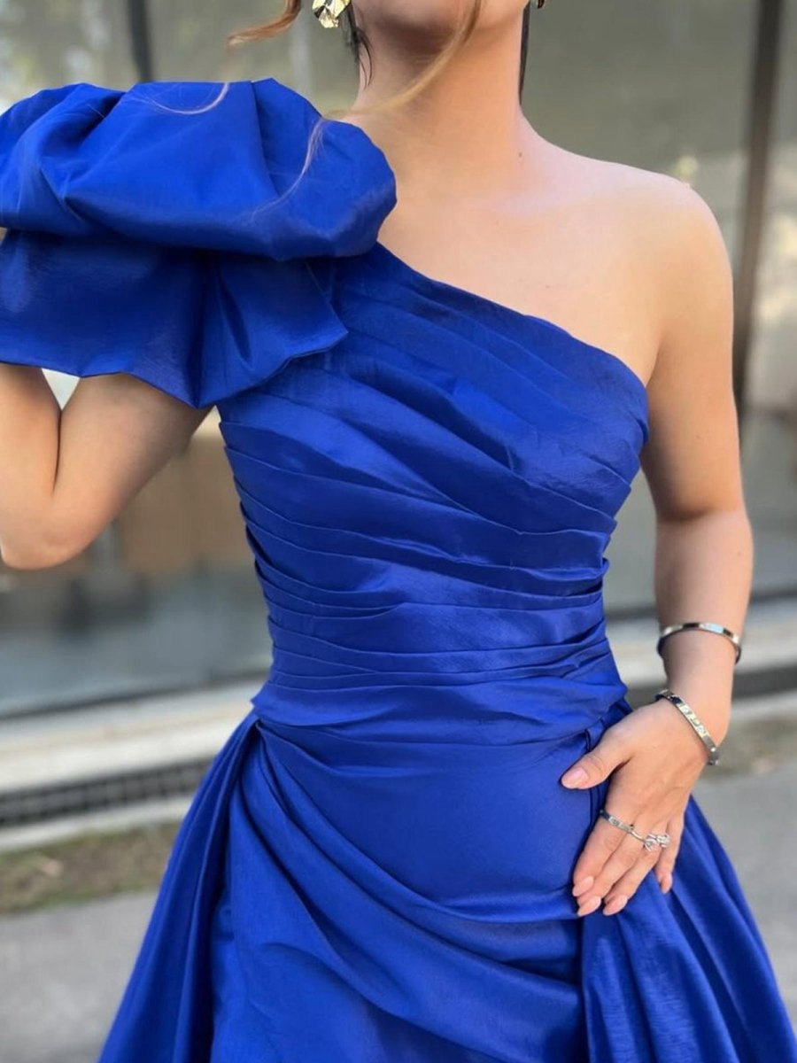 A-line One Shoulder Pleated Satin Long Prom Dresses with Bow
