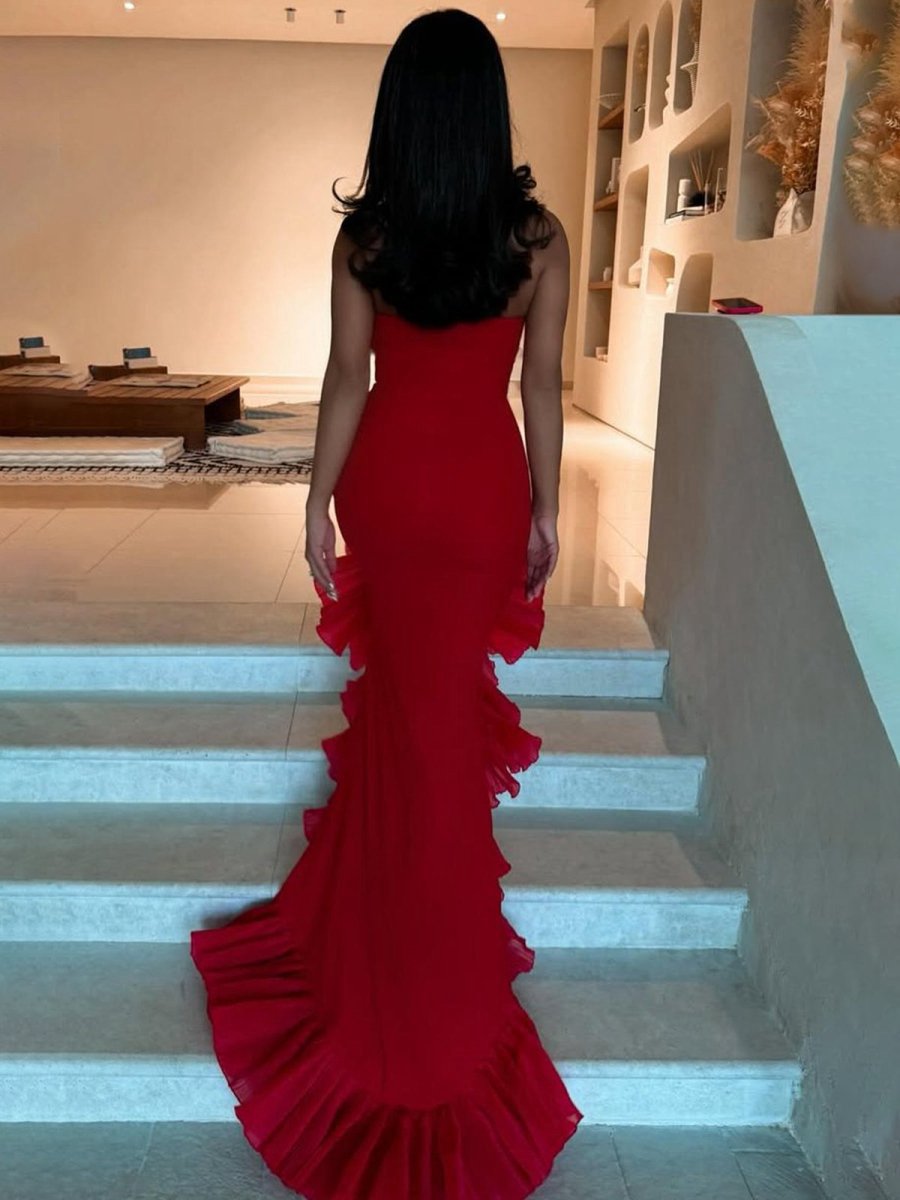 Strapless Ruffles Scoop Neck Mermaid Sleeveless Long Prom Dresses