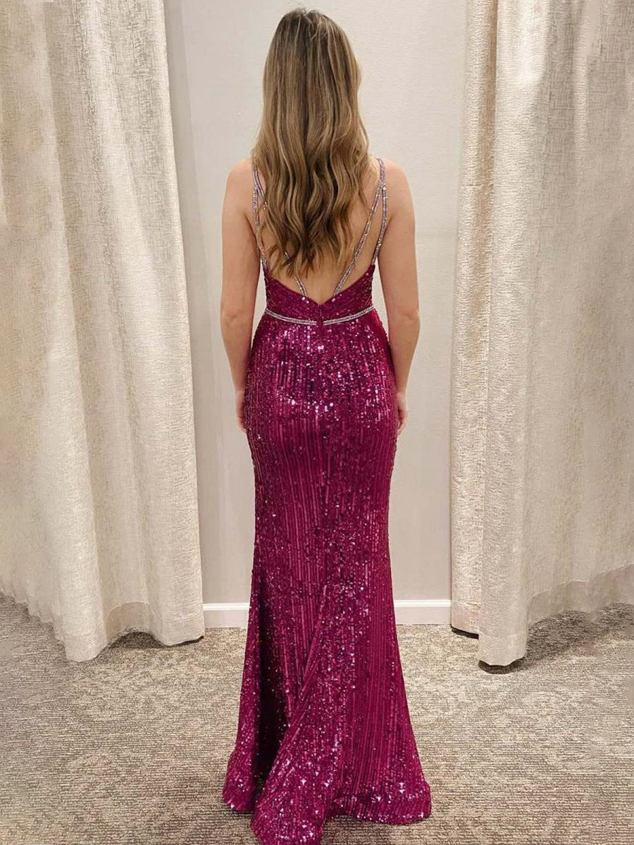 Mermaid V-Neck Spaghetti Straps Sequined Long Prom Dresses with Slit