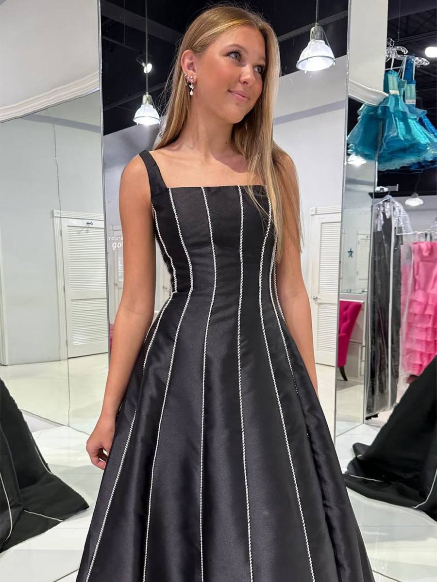 A-line Straps Square Beads Pleated Long Prom Dresses