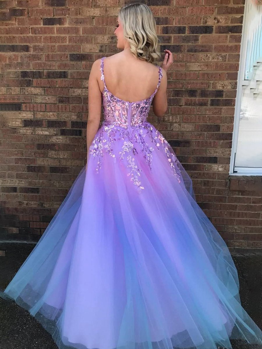 A-line Straps Appliques Empire-Waist Sleeveless Tulle Prom Dresses
