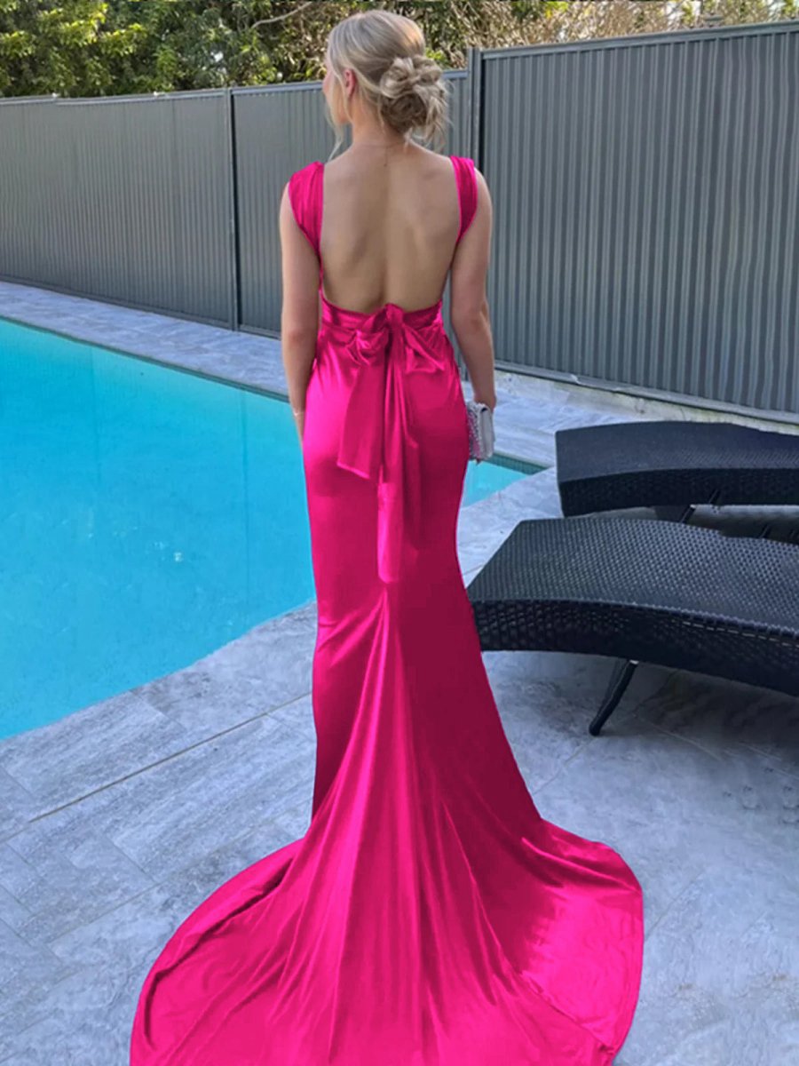 Mermaid Straps Satin Pleated Long Prom Dresses with Train