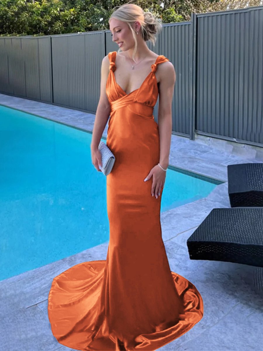 Mermaid Straps Satin Pleated Long Prom Dresses with Train