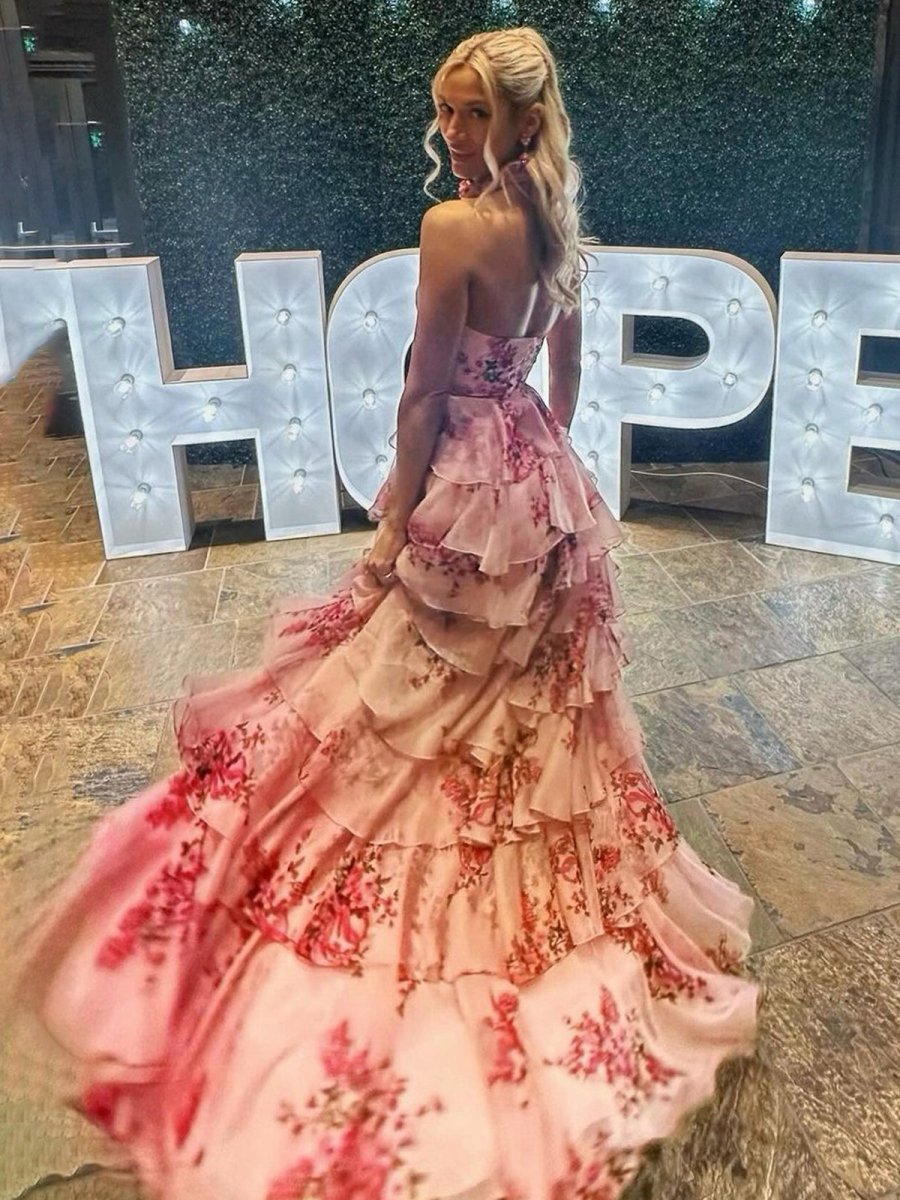 A-line Hatler Floral Chiffon Tie Long Prom Dresses