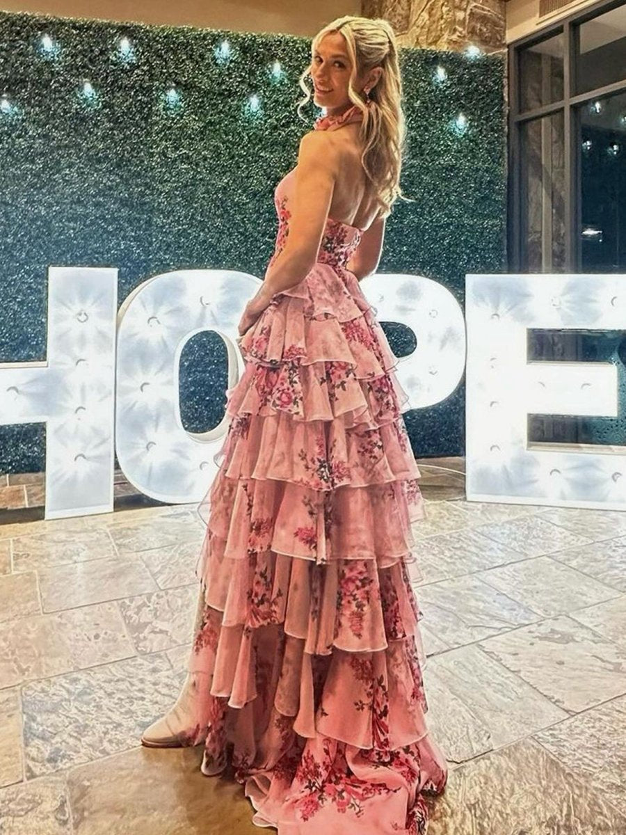 A-line Hatler Floral Chiffon Tie Long Prom Dresses