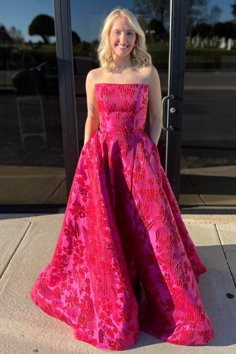 Cute A-line Strapless Jacquard Satin Prom Dresses