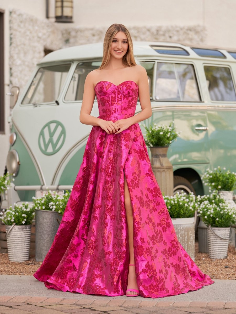 Cute A-line Strapless Jacquard Satin Prom Dresses