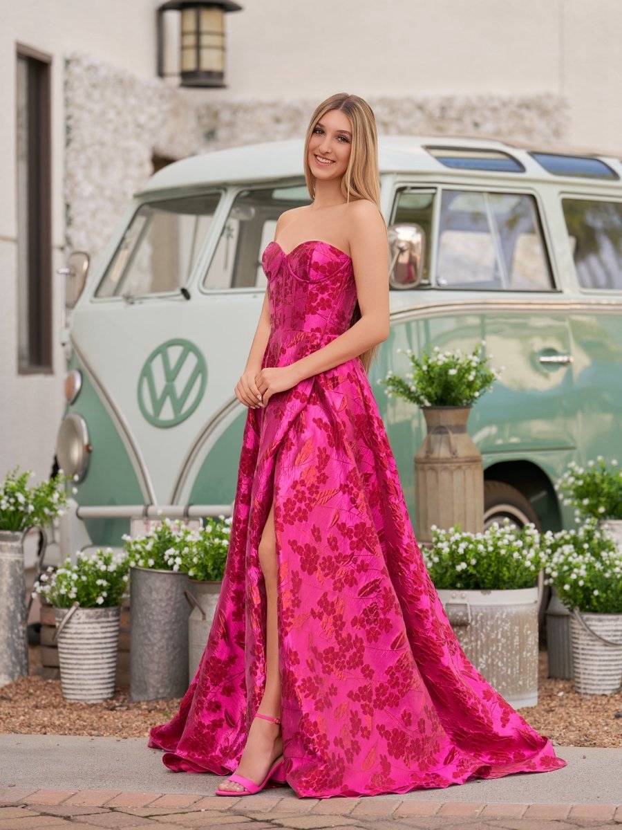 Cute A-line Strapless Jacquard Satin Prom Dresses