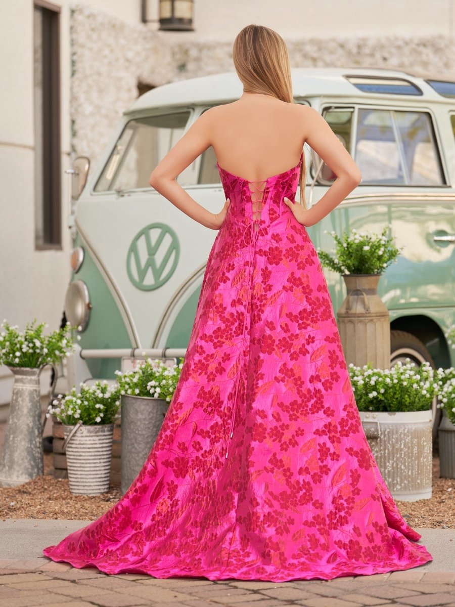 Cute A-line Strapless Jacquard Satin Prom Dresses