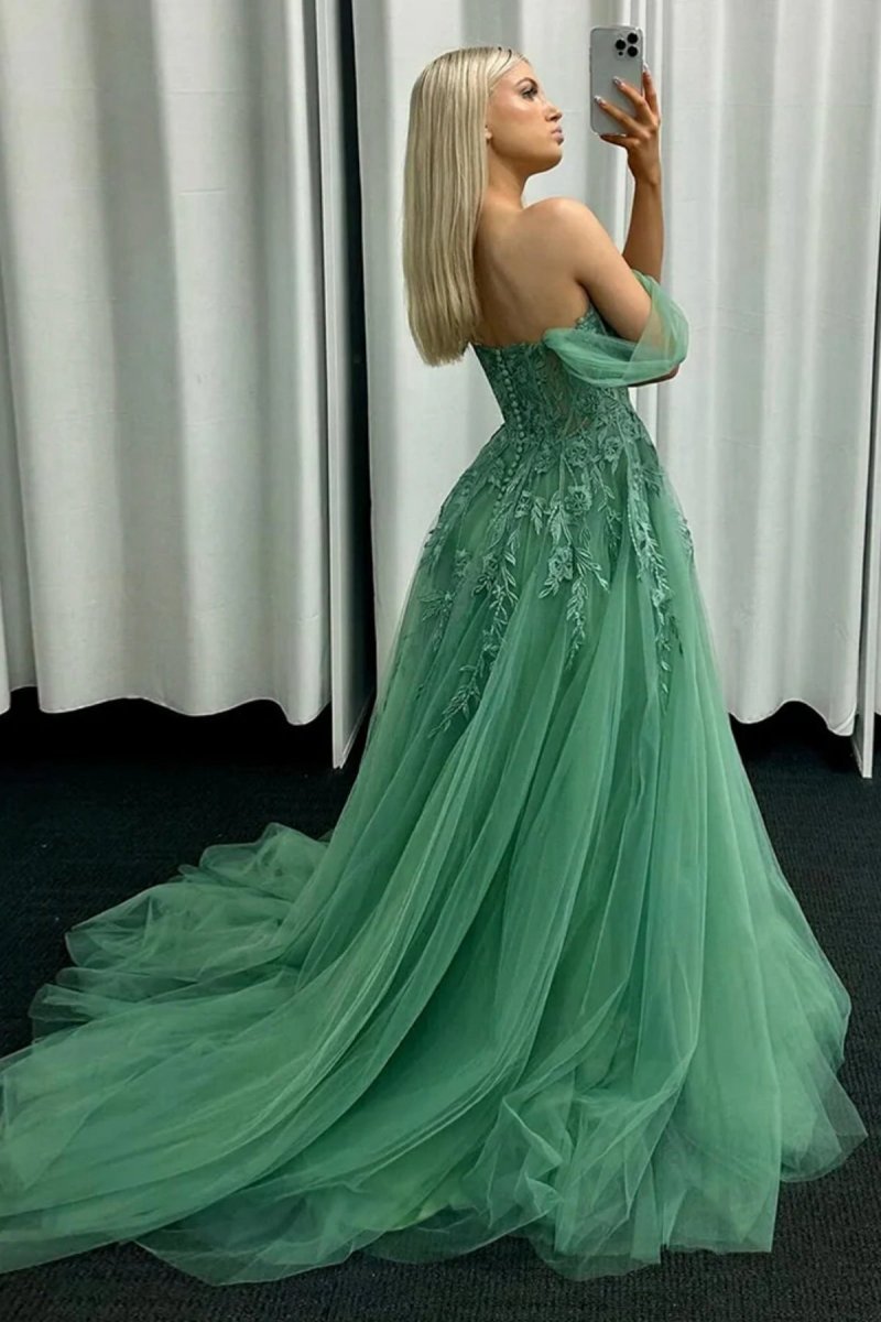 Off the Shoulder Mint Tulle Lace Prom Dresses with Appliques