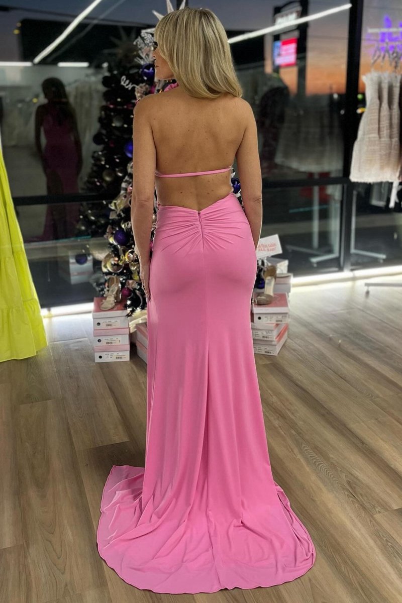 Halter Rosette Mermaid Long Formal Dresses with Slit