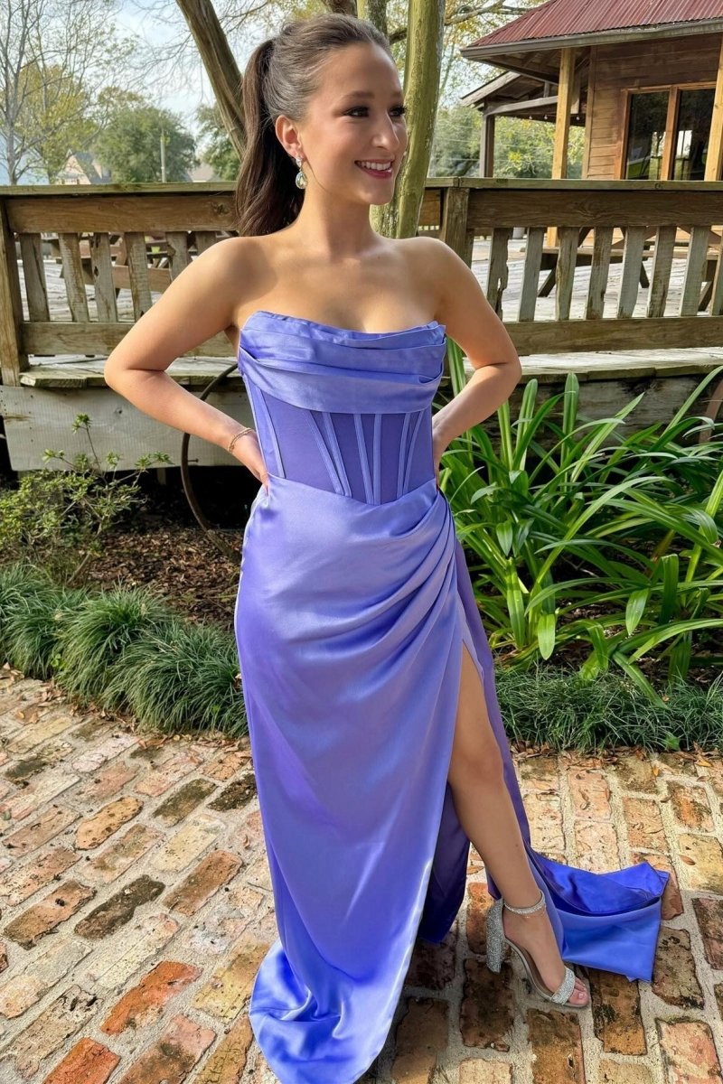 Periwinkle Strapless Pleated Formal Dresses with Attached Train