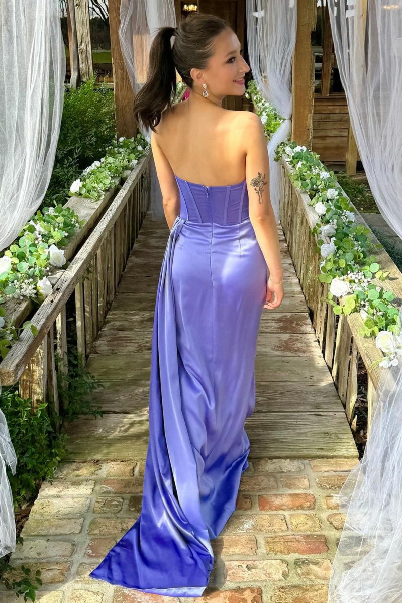 Periwinkle Strapless Pleated Formal Dresses with Attached Train