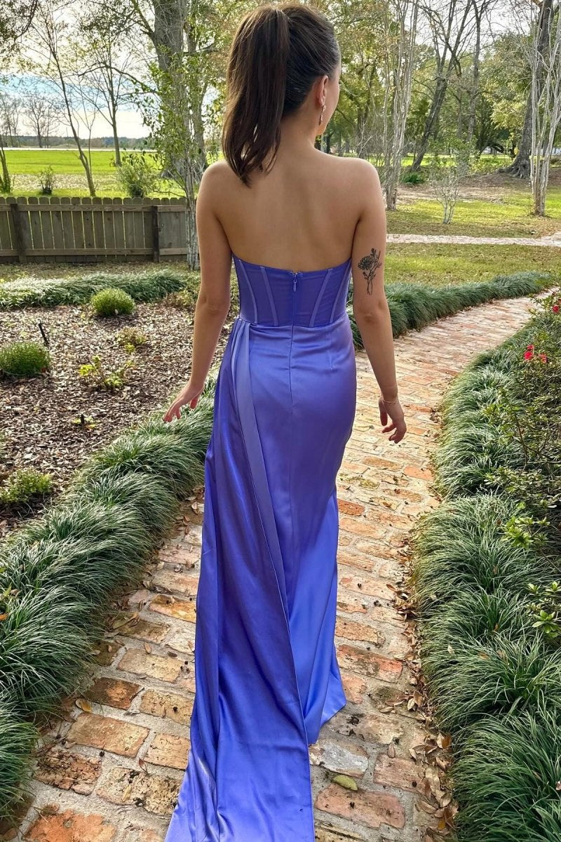 Periwinkle Strapless Pleated Formal Dresses with Attached Train