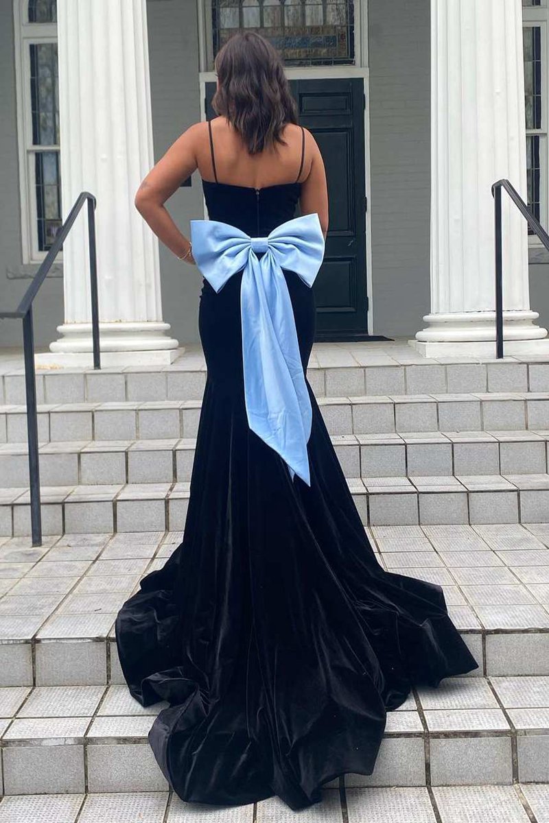 Elegant Mermaid V-Neck Spaghetti Straps Velvet Formal Prom Dresses with Bow