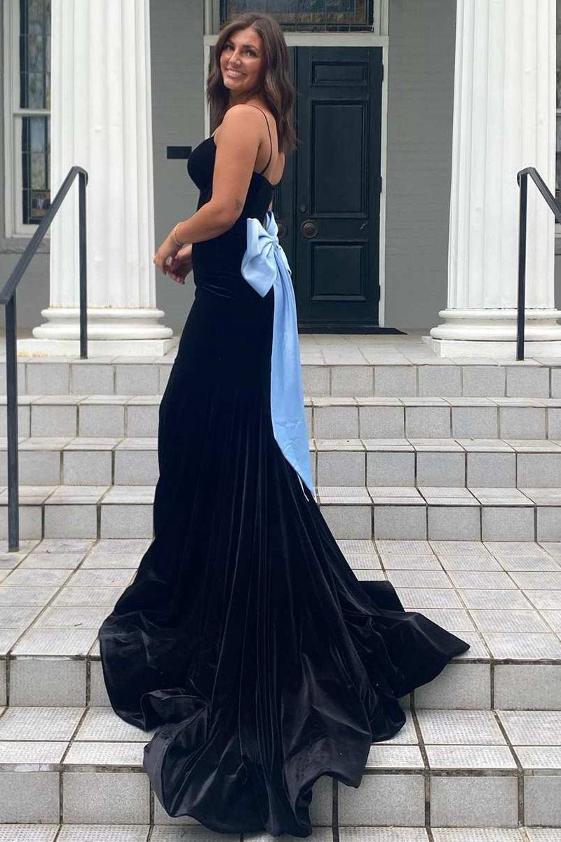 Elegant Mermaid V-Neck Spaghetti Straps Velvet Formal Prom Dresses with Bow