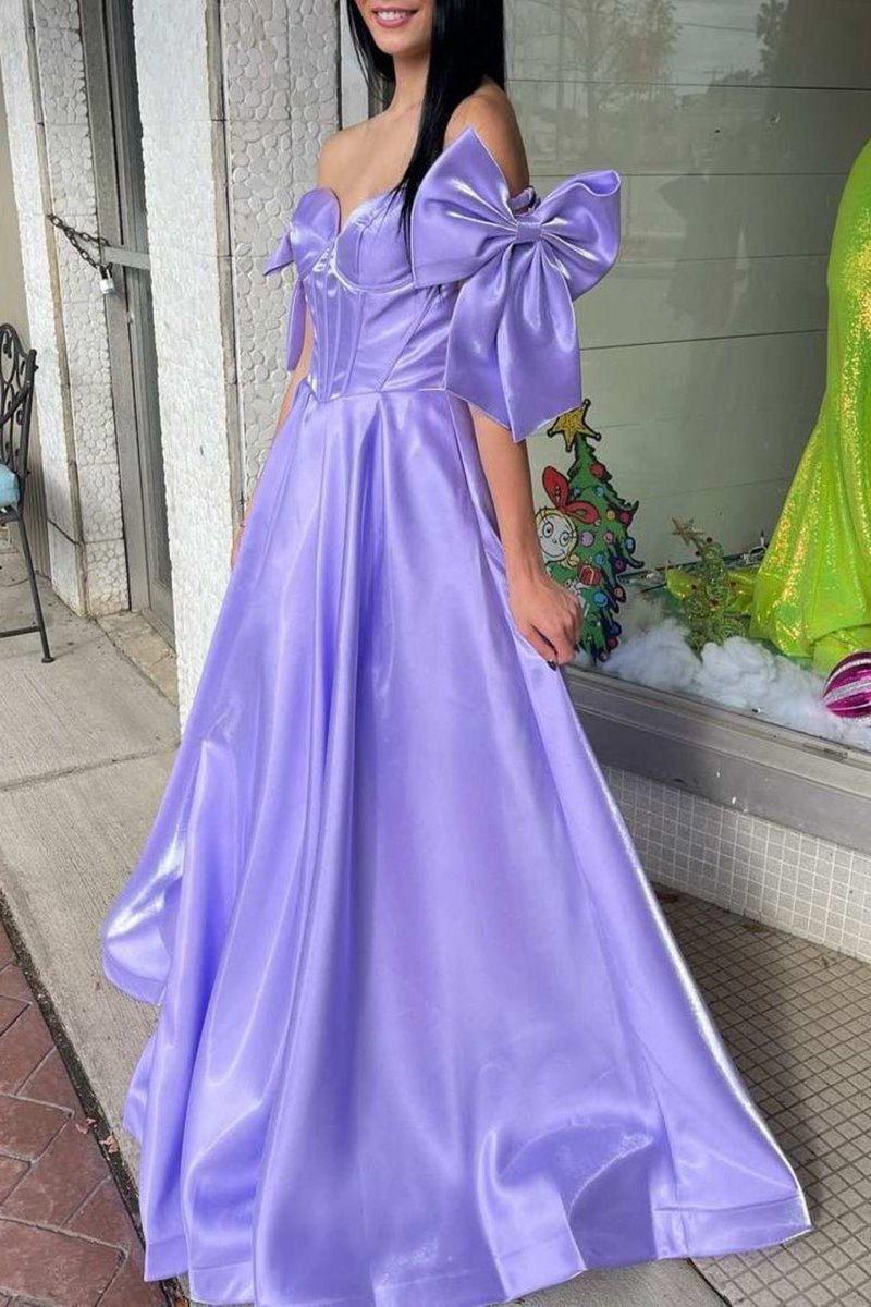 A-line Off-Shoulder Bow Pleated Long Prom Dresses