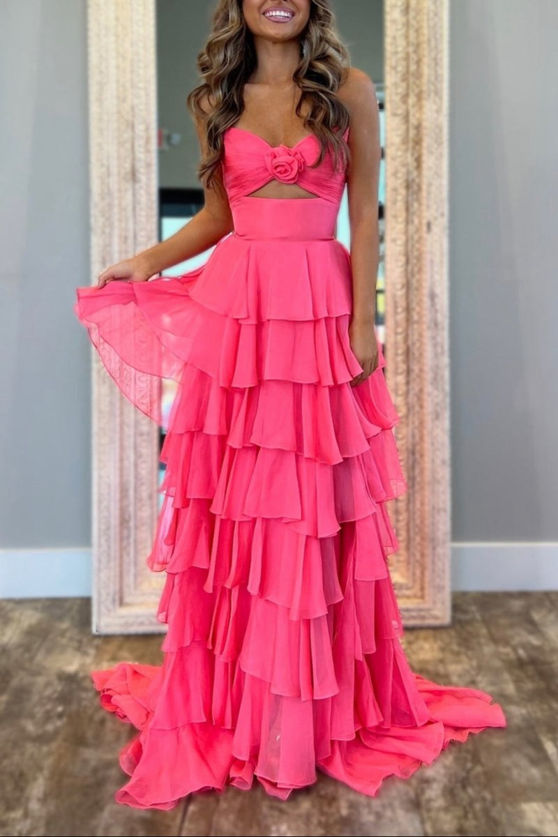 A-line Strapless V-Neck Layered Chiffon Sleeveless Formal Prom Dresses