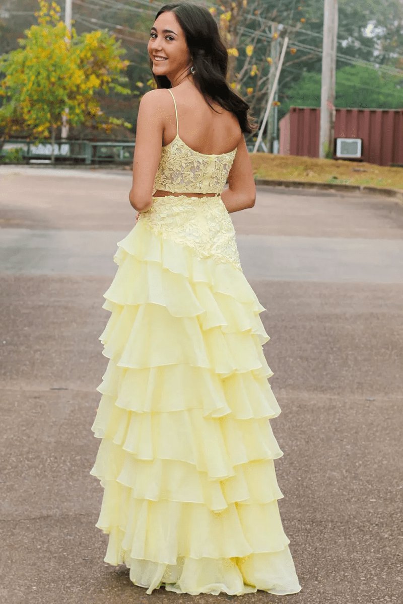 Spaghetti Straps Appliques A-line Layered Chiffon Prom Dresses with Slit