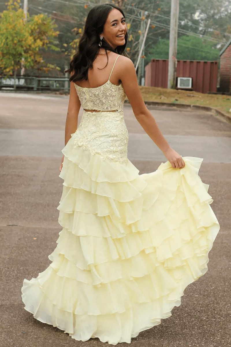 Spaghetti Straps Appliques A-line Layered Chiffon Prom Dresses with Slit