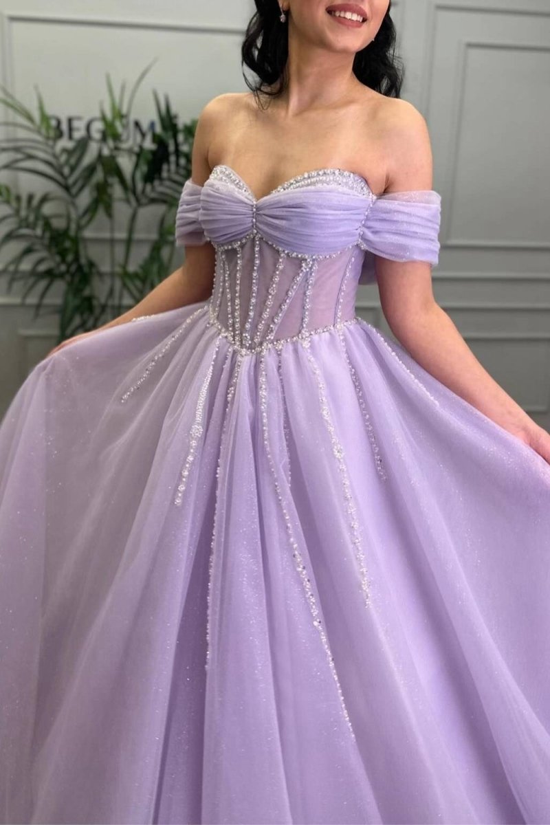 Beaded A-line Tulle Prom Dresses with Off Shoulder