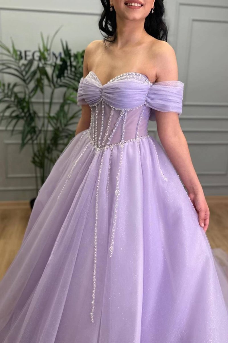 Beaded A-line Tulle Prom Dresses with Off Shoulder