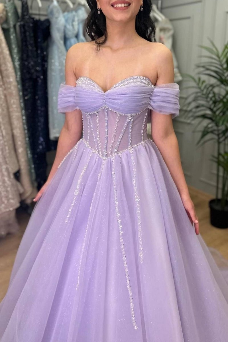 Beaded A-line Tulle Prom Dresses with Off Shoulder