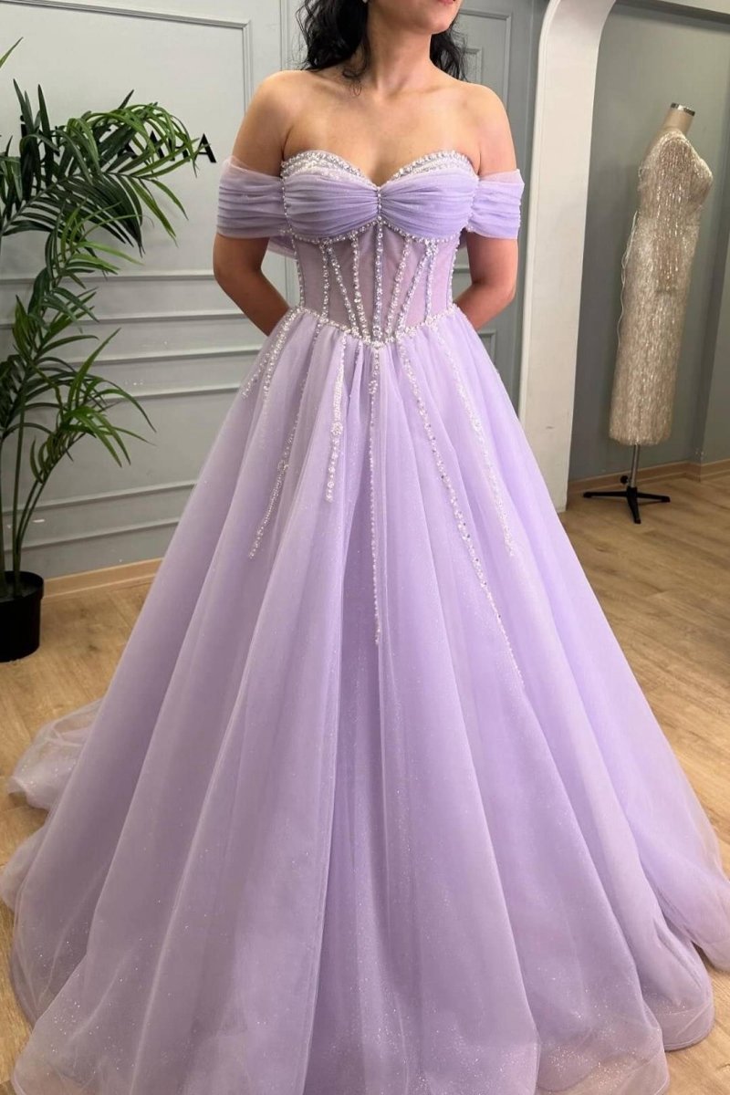 Beaded A-line Tulle Prom Dresses with Off Shoulder