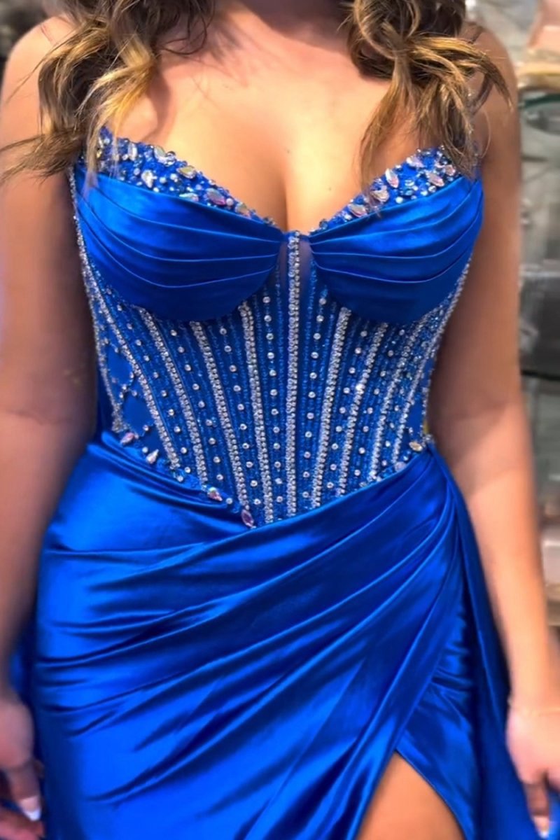 Glitter Satin Mermaid Spaghetti Straps Long Corset Prom Dresses with Beading