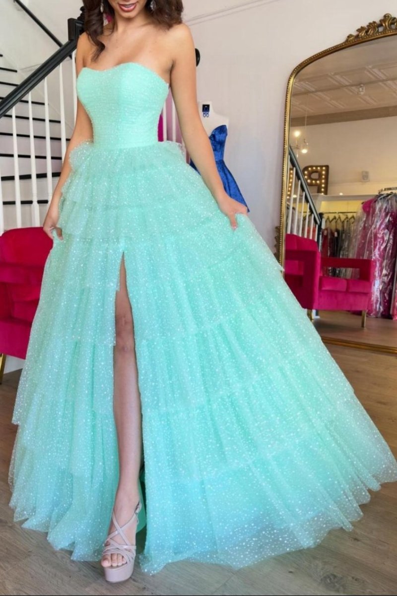 Sweetheart Tulle Tie A-line Long Prom Dresses with Slit