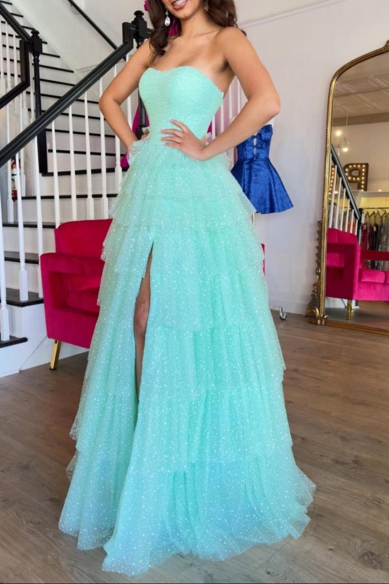 Sweetheart Tulle Tie A-line Long Prom Dresses with Slit