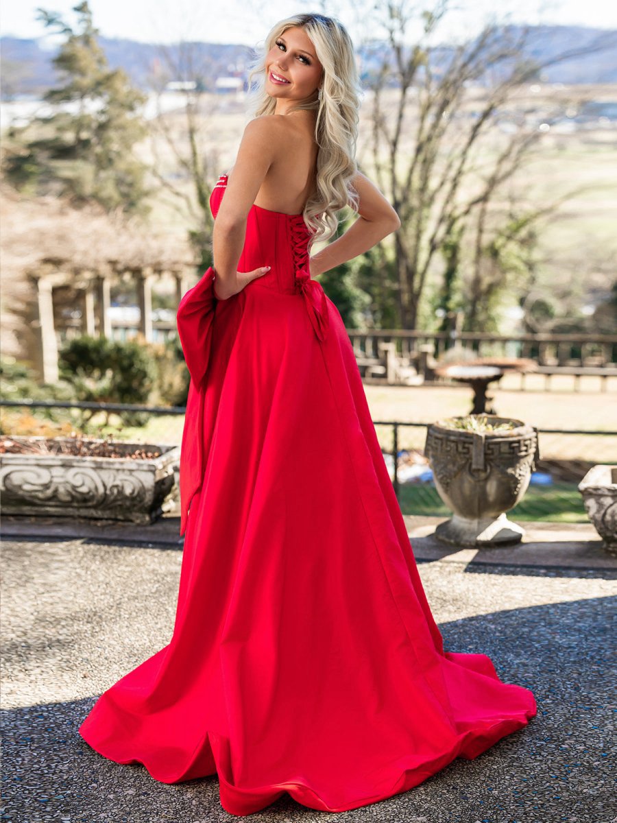 Trendy Strapless A-line Satin Long Corset Prom Dresses with Bow