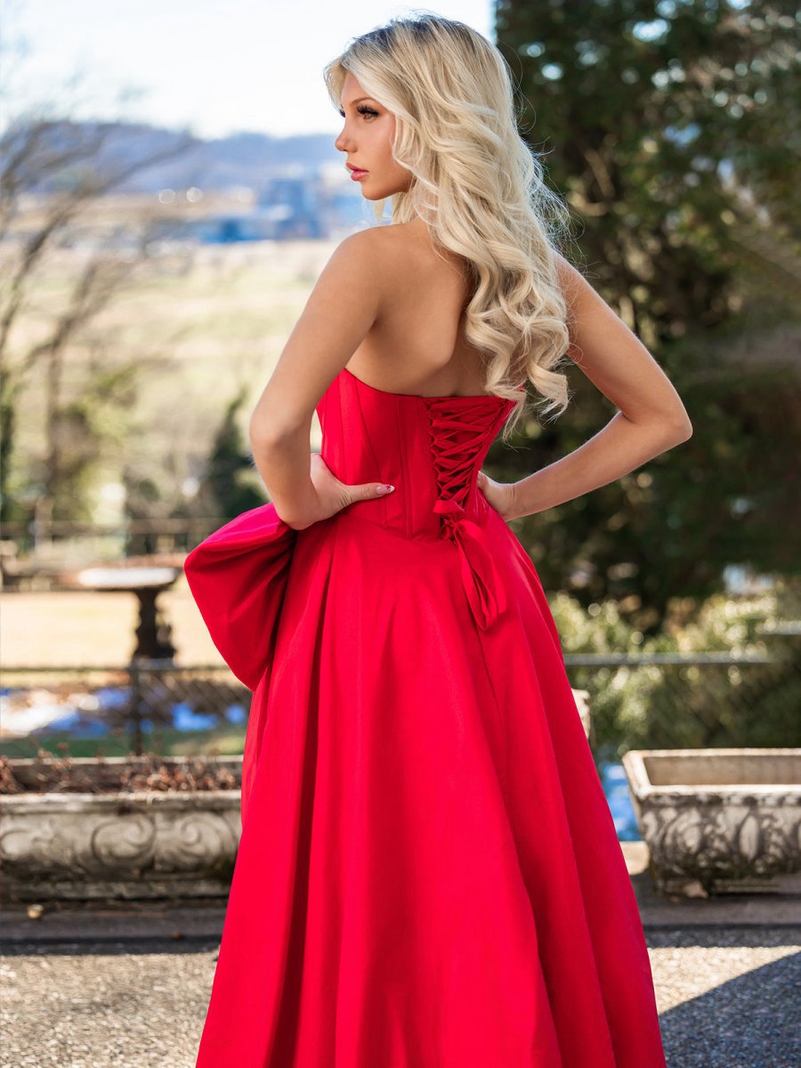 Trendy Strapless A-line Satin Long Corset Prom Dresses with Bow