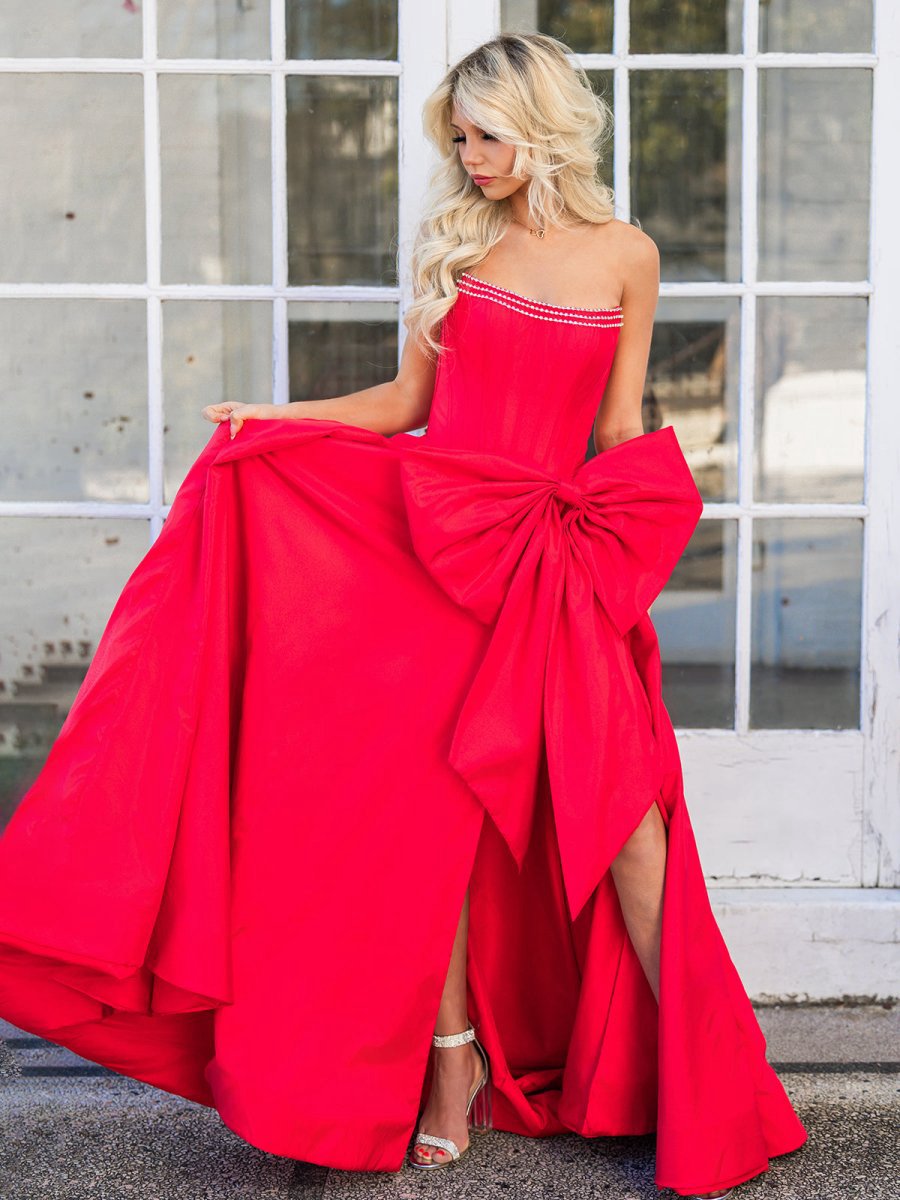Trendy Strapless A-line Satin Long Corset Prom Dresses with Bow