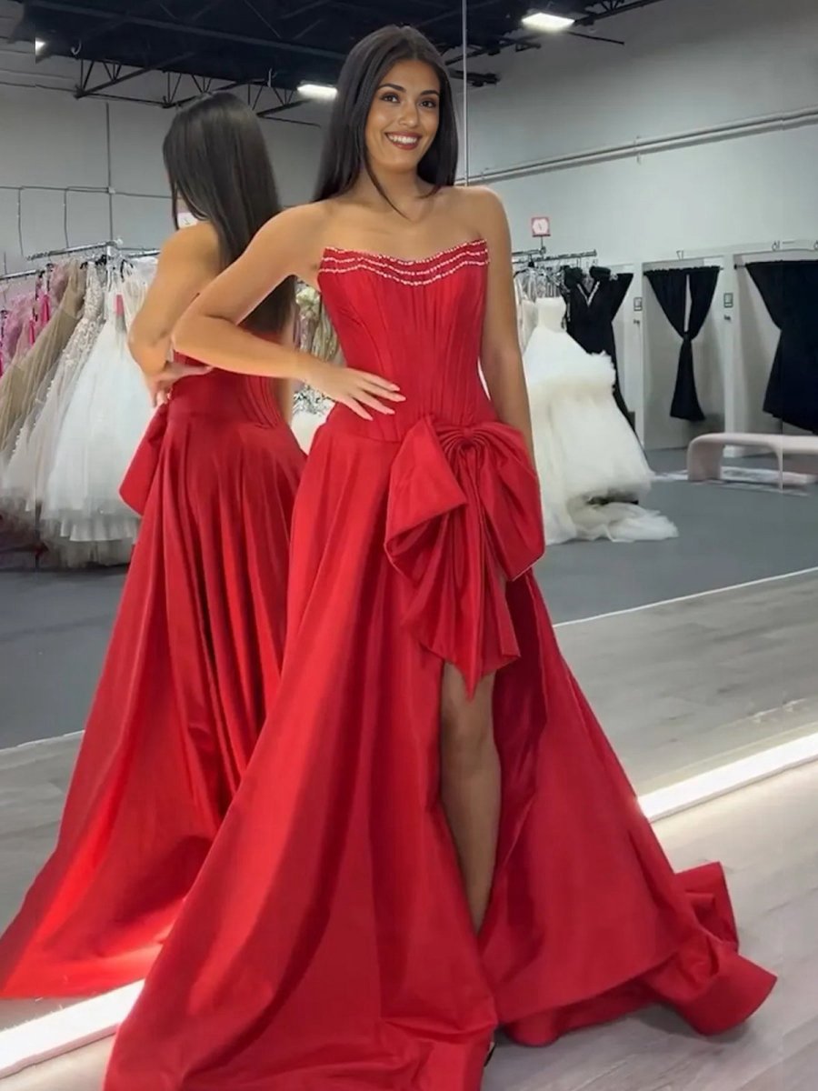 Trendy Strapless A-line Satin Long Corset Prom Dresses with Bow