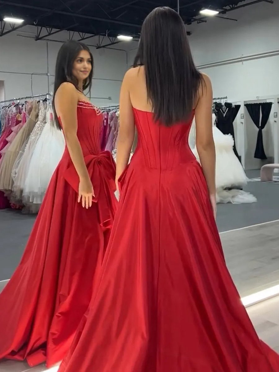 Trendy Strapless A-line Satin Long Corset Prom Dresses with Bow