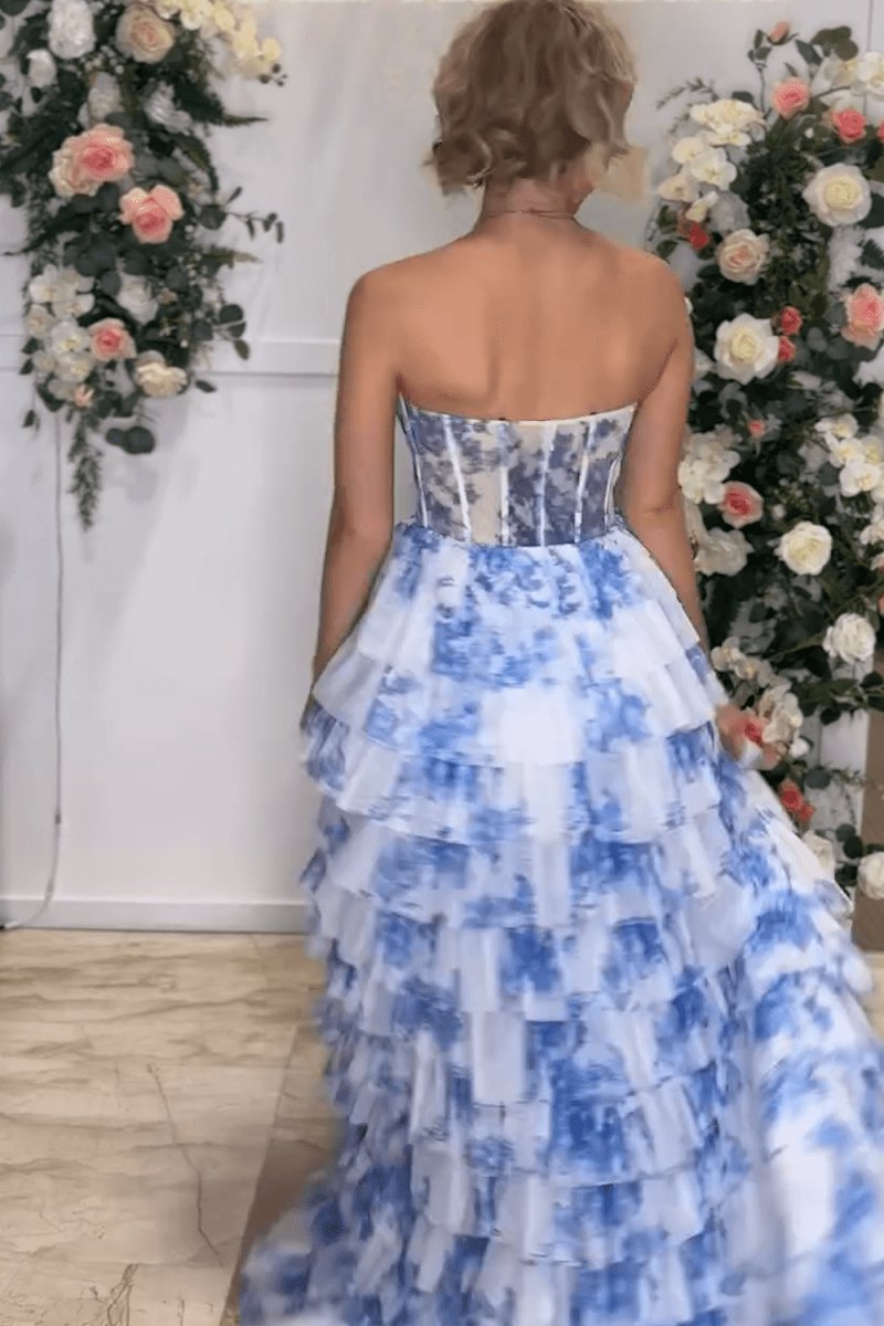 Floral Printed Sweetheart Chiffon Tie A-line Long Corset Prom Dresses